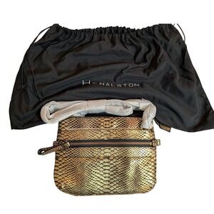 H Halston Gold Snake Embossed Genuine Leather Crossbody Bag with Dustbag‎